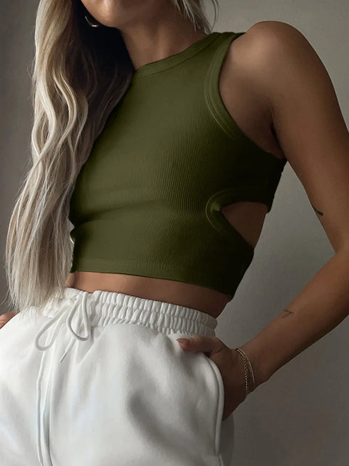 'Ulani' Cutout Round Neck Tank Top - Celes Fashion